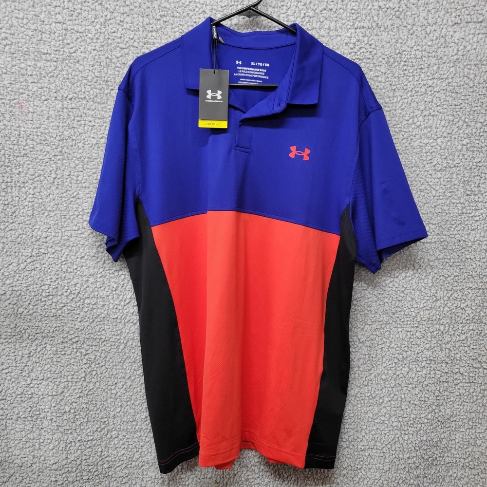 Under Armour Golf Performance Polo Shirt Mens XL Blue Orange Colorblock UPF 40